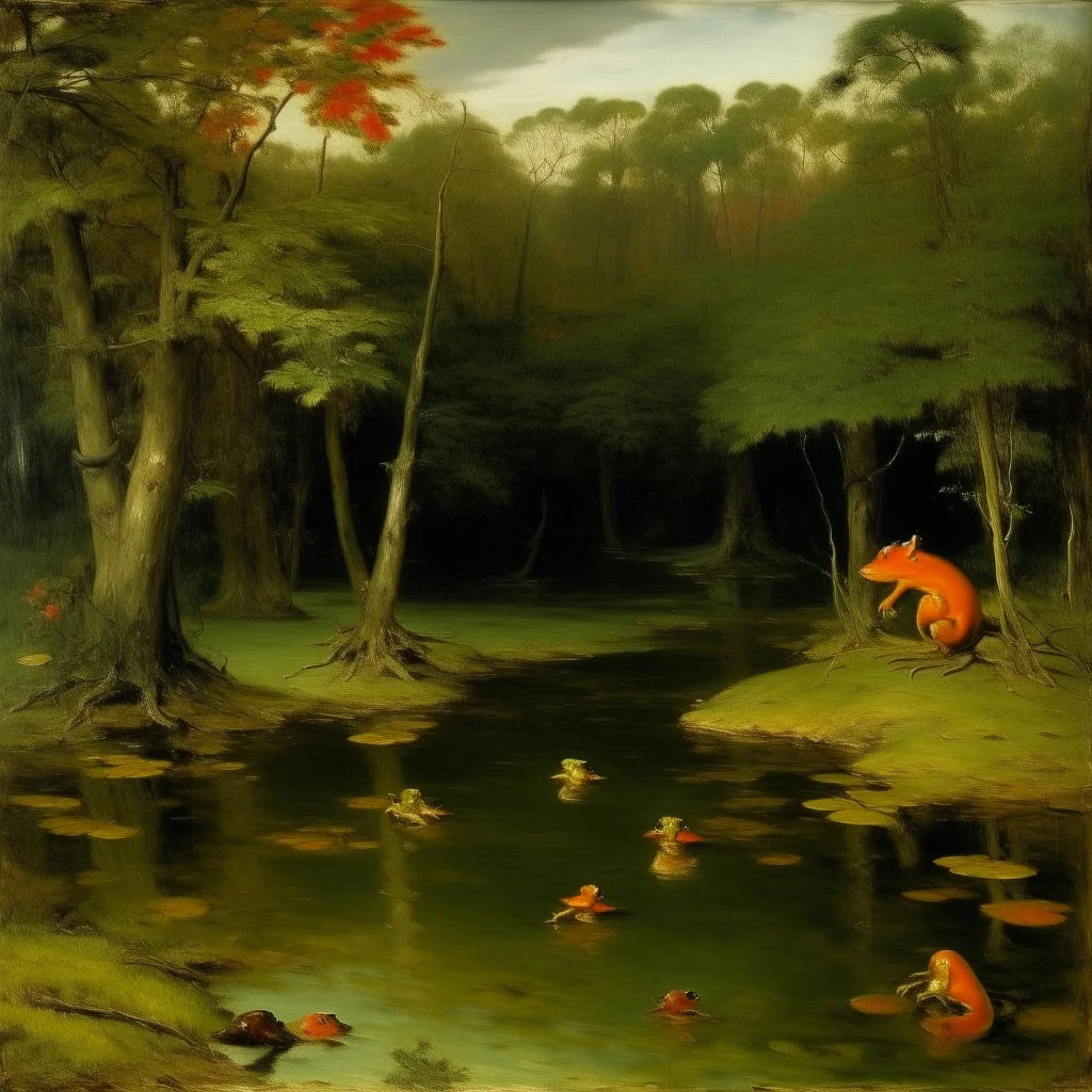 An olive green swamp with fiery orange frogs painted by Gustave Courbet
