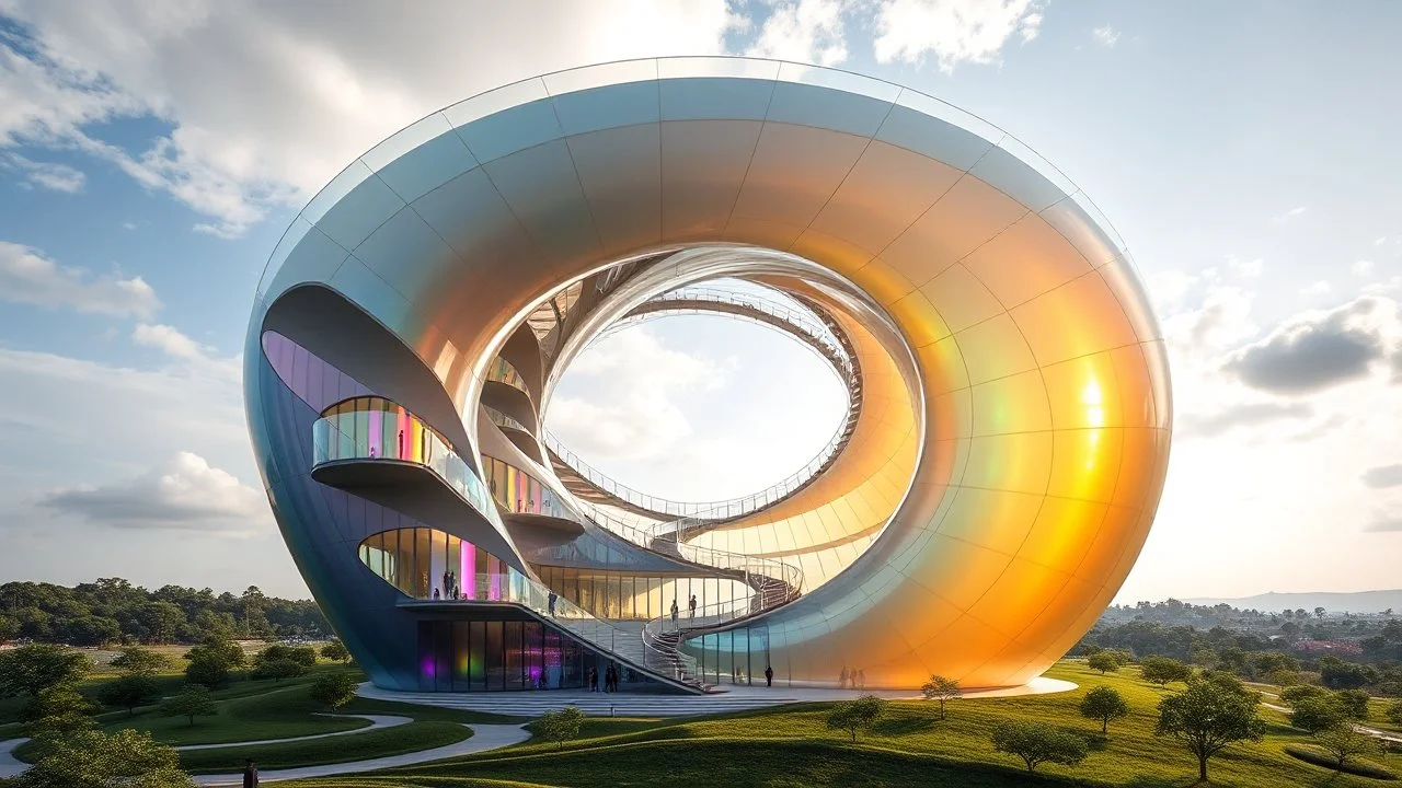 A striking tower built around a central spiral shape, with a helix staircase wrapping around the outside of the building. The walls are made of a translucent material that reflects sunlight in rainbow hues, and each floor gradually spirals upward, creating a dynamic and captivating form. The landscape below is sculpted to echo the swirling design. Photograph