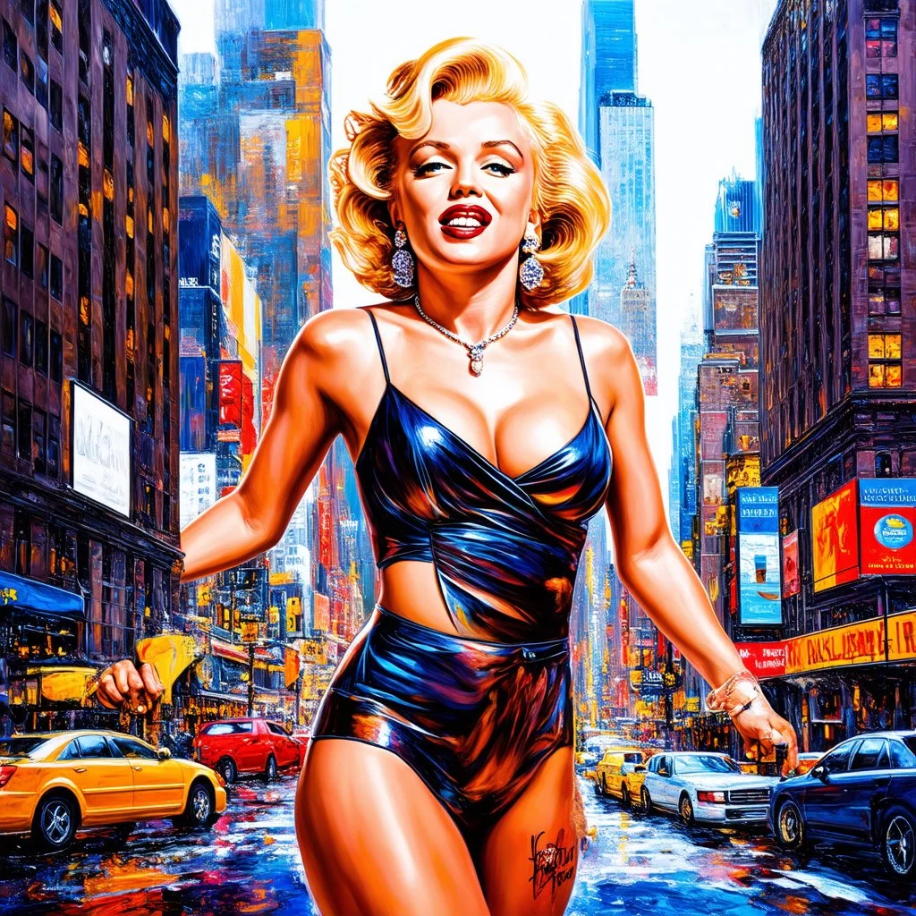 Adobe prompt 80s airbrush poster of Marilyn Monroe in New York City, glitter and gold, in the style of artist Mark Riddick, colourful, hyper-realistic, detailed, vibrant, cityscape background, highly