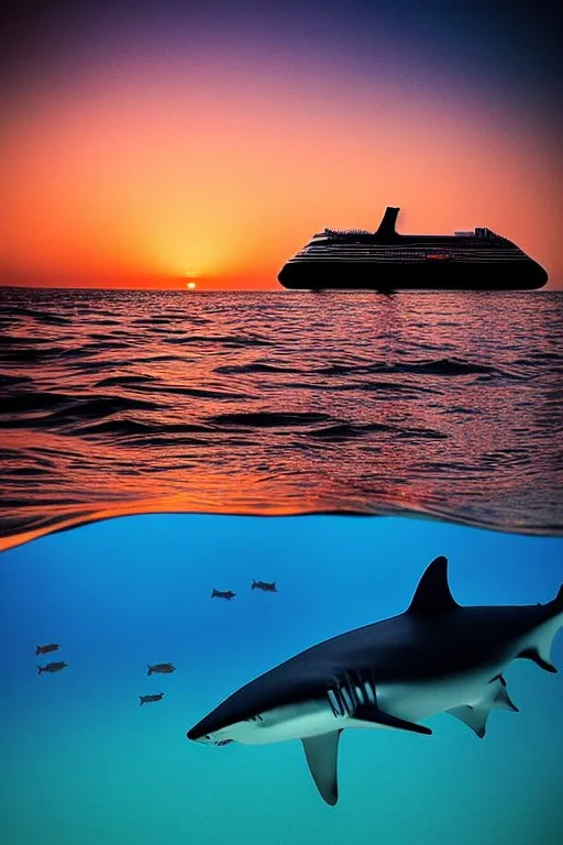 Hallmark card, photograph view from underwater, in the distance is a cruise ship. romantic sunset horizon. shark in the water.