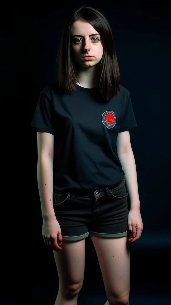 generate a full-length girl with gray-green sad eyes, with dark hair above the shoulders, a round face, not very plump lips, in a black T-shirt with a red print, short shorts, blue socks