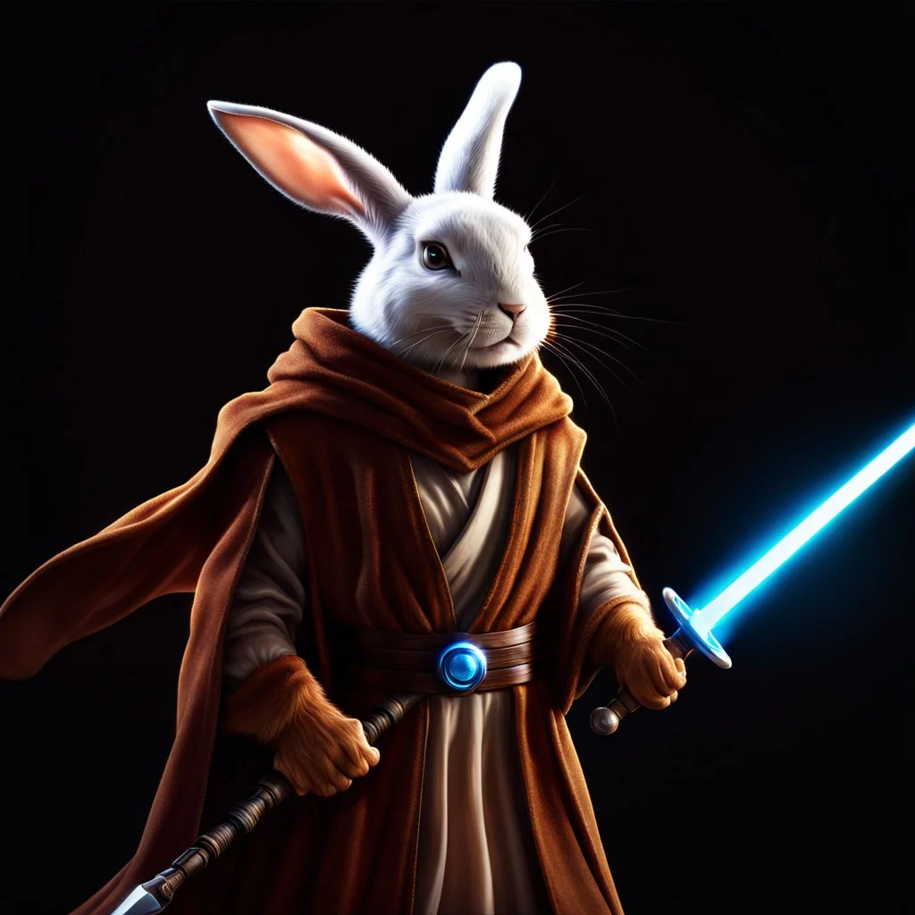 Retrato de un Rabit Jedi con túnica y capucha, espada luminosa, cuerpo completo, calidad ultra, hiperdetallado, arte digital, 8k