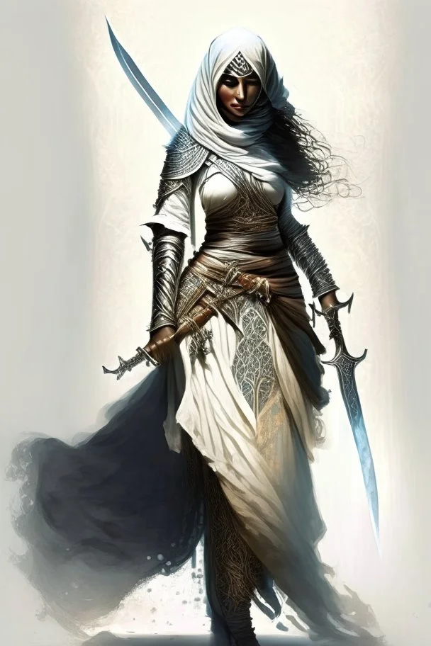 Full body veiled female Arab warrior holding a sword, fantasy, powerful, high quality