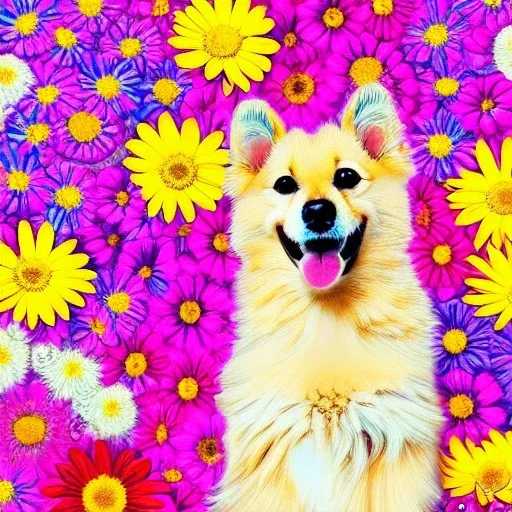 adorable pet, beautiful portrait, flowery landscape, cosmic atmosphere, perfect composition, 8k, super detailed, delicate flowers, complementary colours, intricate details, people