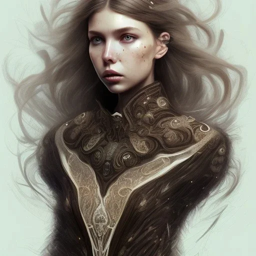 black round shades, A full body portrait of a beautiful wild, intricate, elegant, highly detailed, digital painting, artstation, concept art, smooth, sharp focus, illustration, brown hair, black jacket, youthful,, Hannah Murray, round face, messy hair, hippy, freckles