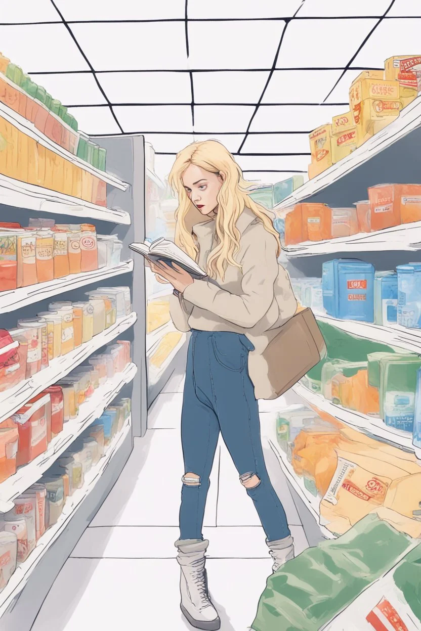 In the music video, a 23-year-old woman with blonde hair and bright blue eyes. Standing in the freezer section of a supermarket. Reading a book. you can see it is cold.