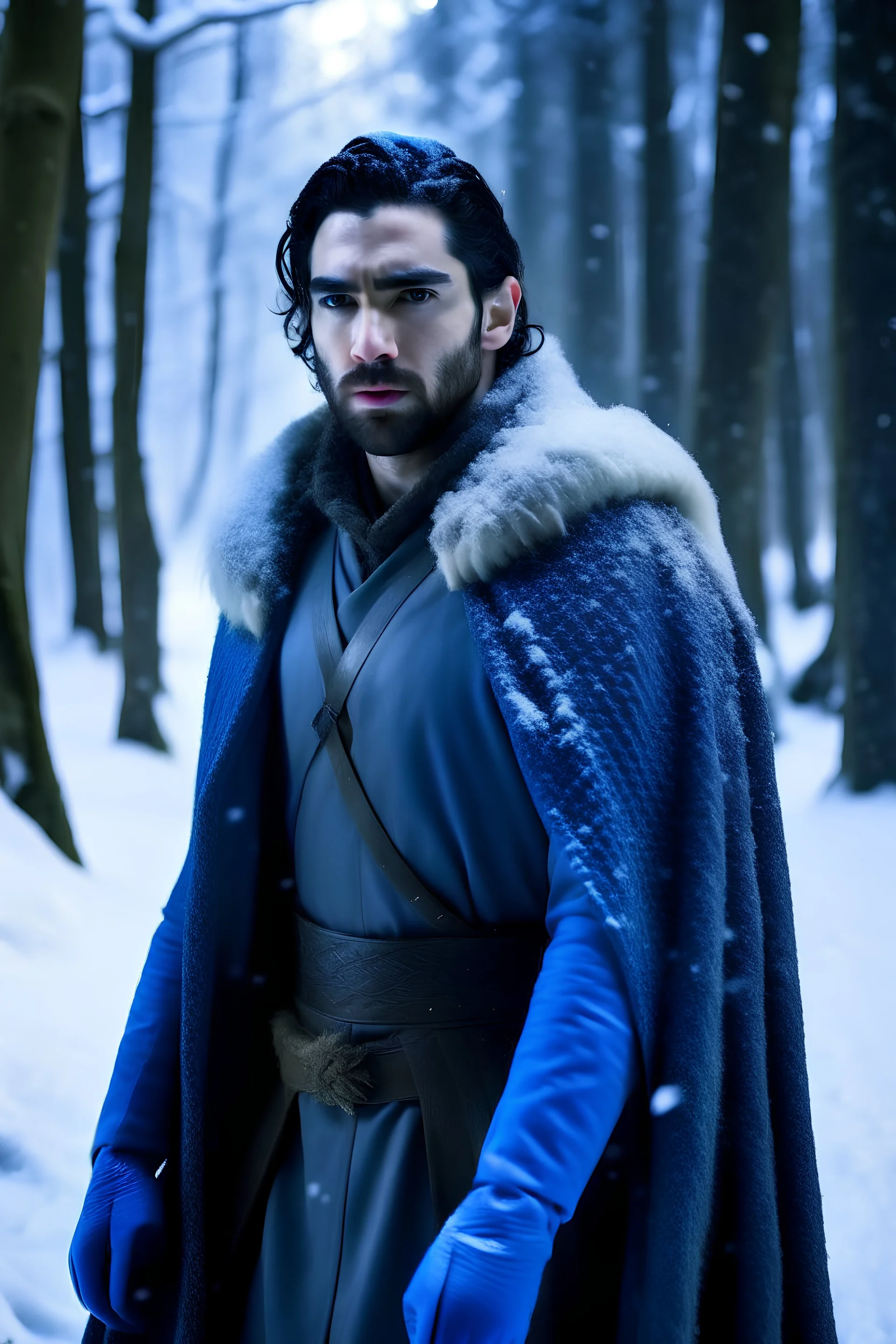 Tyler Hoechlin com roupas de Game of Thrones e olhos azuis andando em uma floresta densa coberta de neve a noite