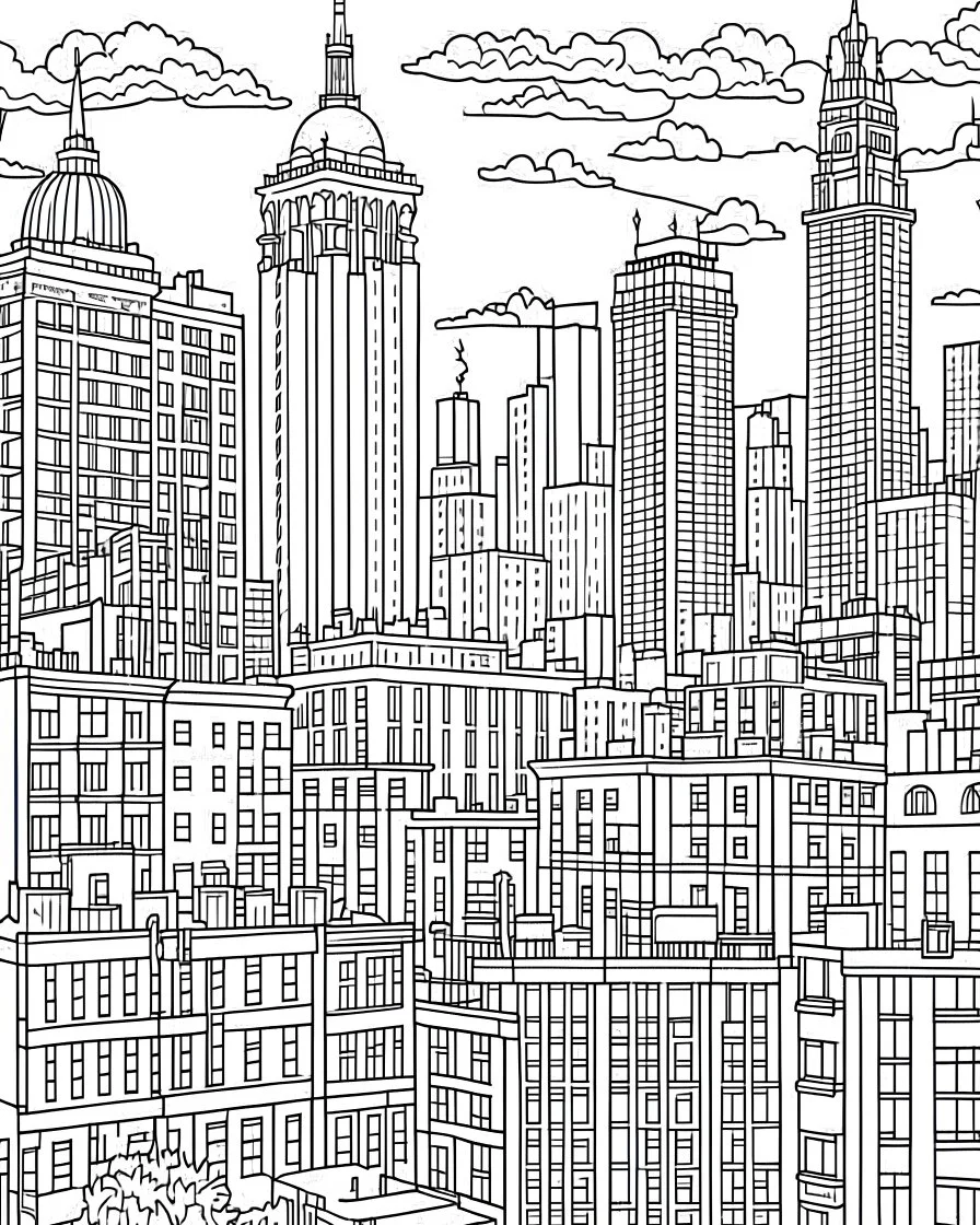 New York City view i coloring page, full body (((((white background))))), only use an outline., real style, line art, white color, clean line art, white background, Sketch style.