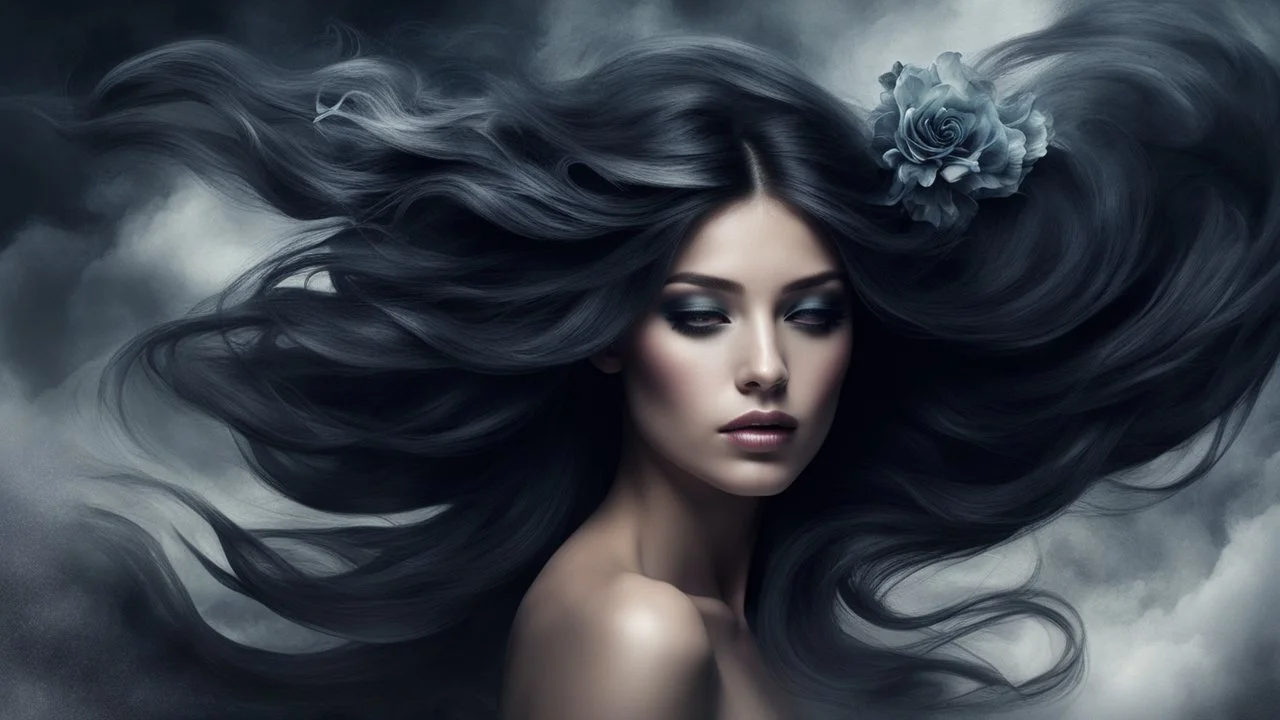 a girl with hair and flower on her forehead, in the style of eerie dreamscapes, flowing fabrics, t romantic windblowing, swirling hair, Windy, swirling dark style Dark, misty, fantasy Dark, Texture, eerie, macabre, black smoke, ultraclear image"