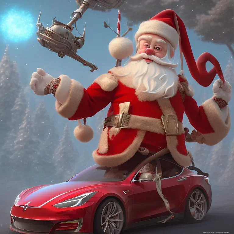 Santa claus driving his red Tesla convertible car, character design by cory loftis, fenghua zhong, ryohei hase, ismail inceoglu and ruan jia. unreal engine 5, artistic lighting, highly detailed, photorealistic, fantasy