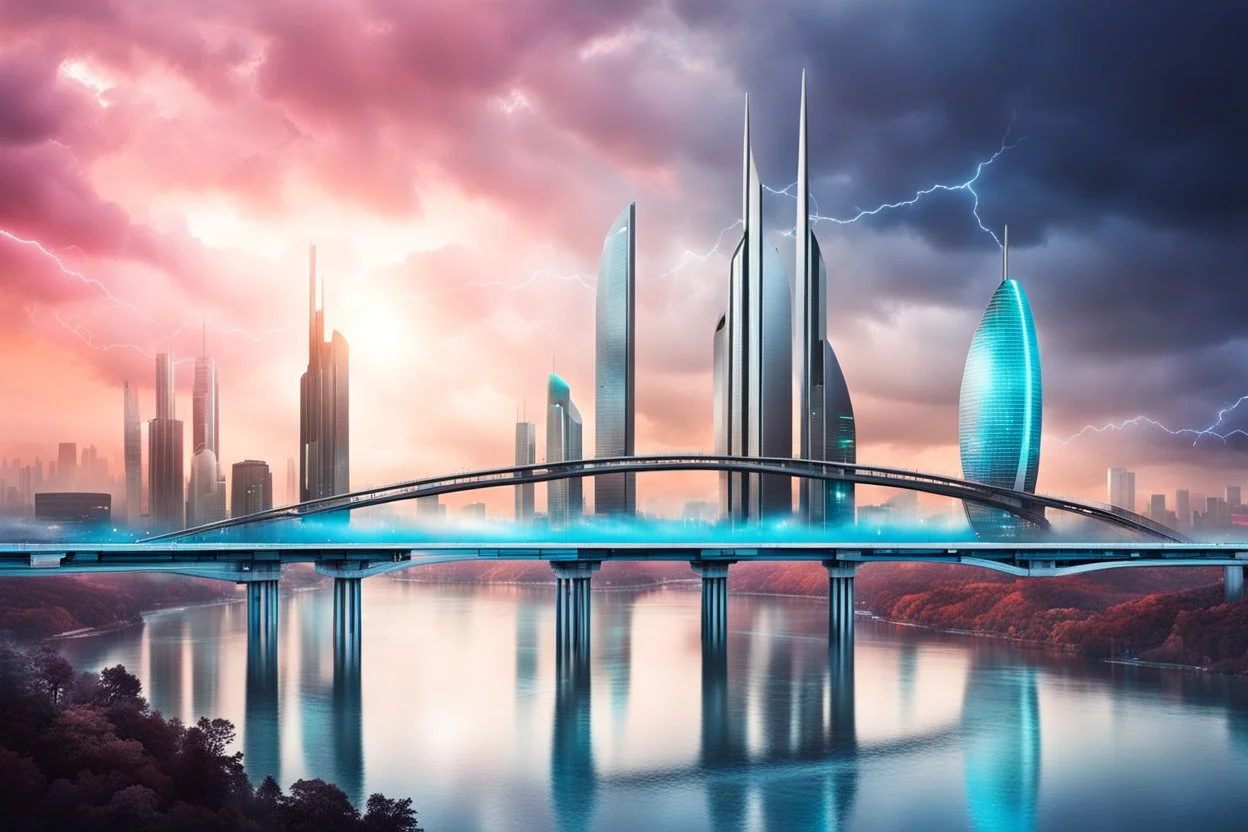 Dreamlike Skyline of Downtown futuristic hightech city in 4050 and a stunning futuristic Bridge During. dark grey and black clouds , storm, dark azur color river, cold colors, come storm, rain, high detalied, sci-fi, landscape