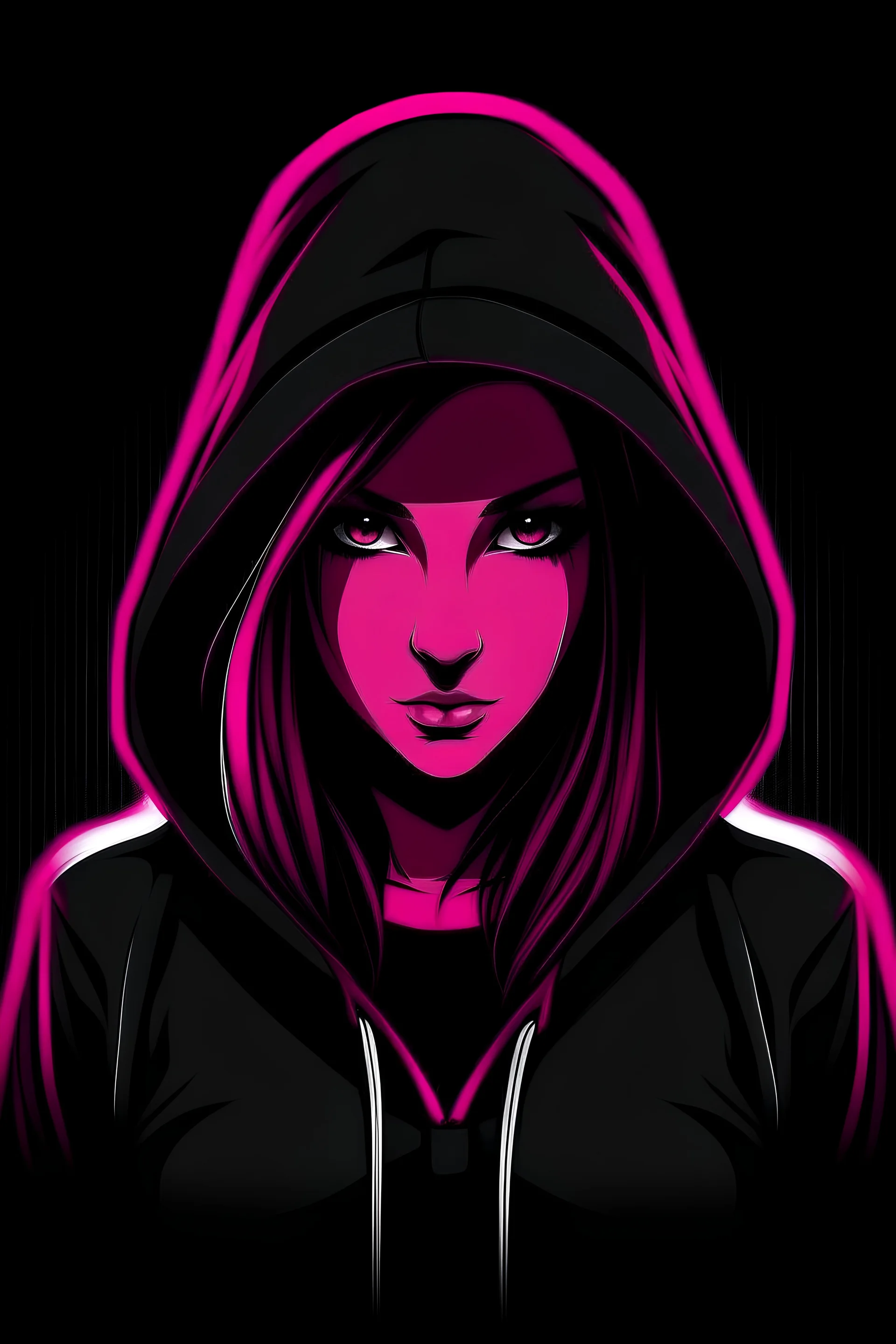 Strong Hacker girl with female emporment in a hooded sweater as black and pink as a logo