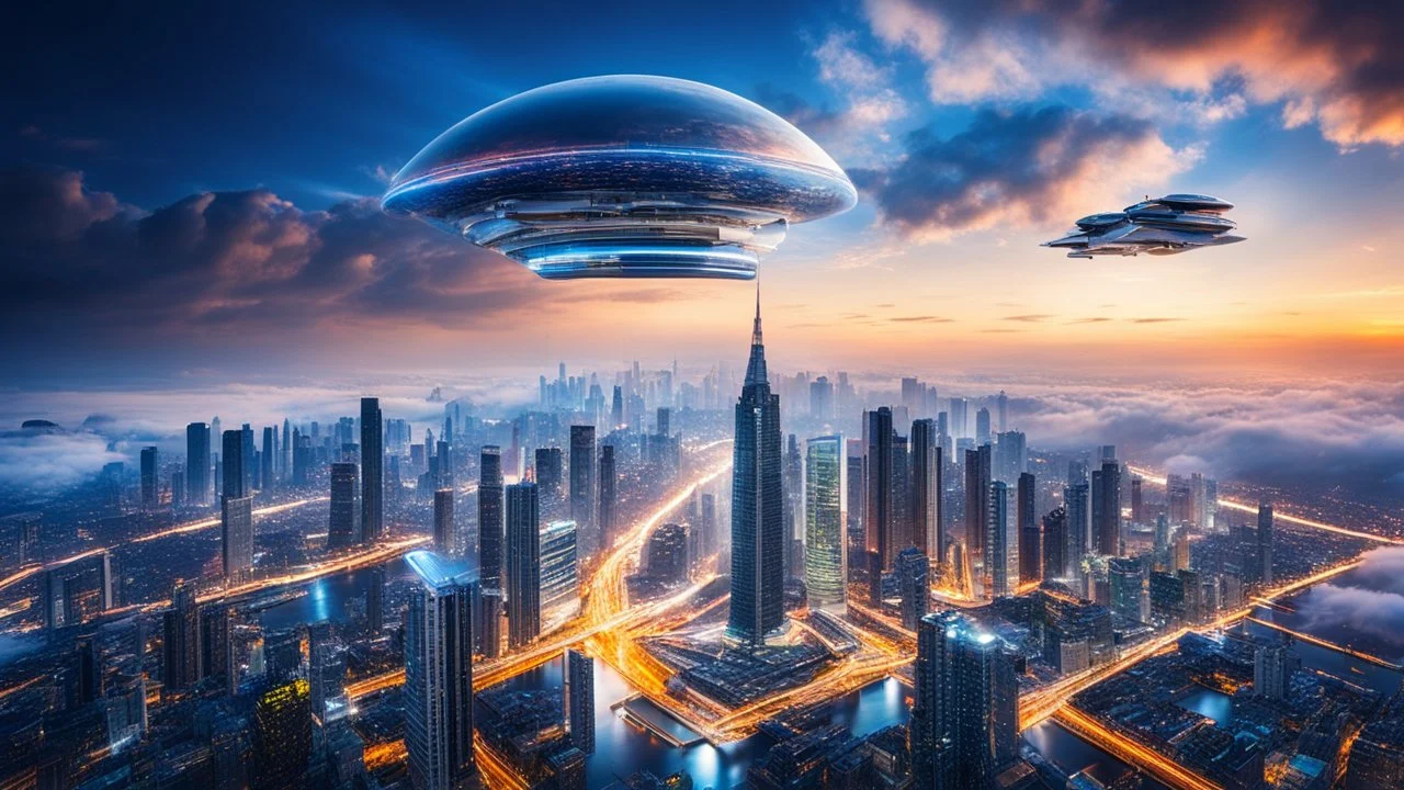 A city floating above the earth, high up in the clouds, sleek, futuristic skyscrapers pierce the sky, floating pathways connect the buildings, flying cars move through the air. The clouds below shift and change colour reflecting the vibrant city lights. Award-winning photograph, beautiful composition, very detailed, 80mm focal length, rule of thirds.