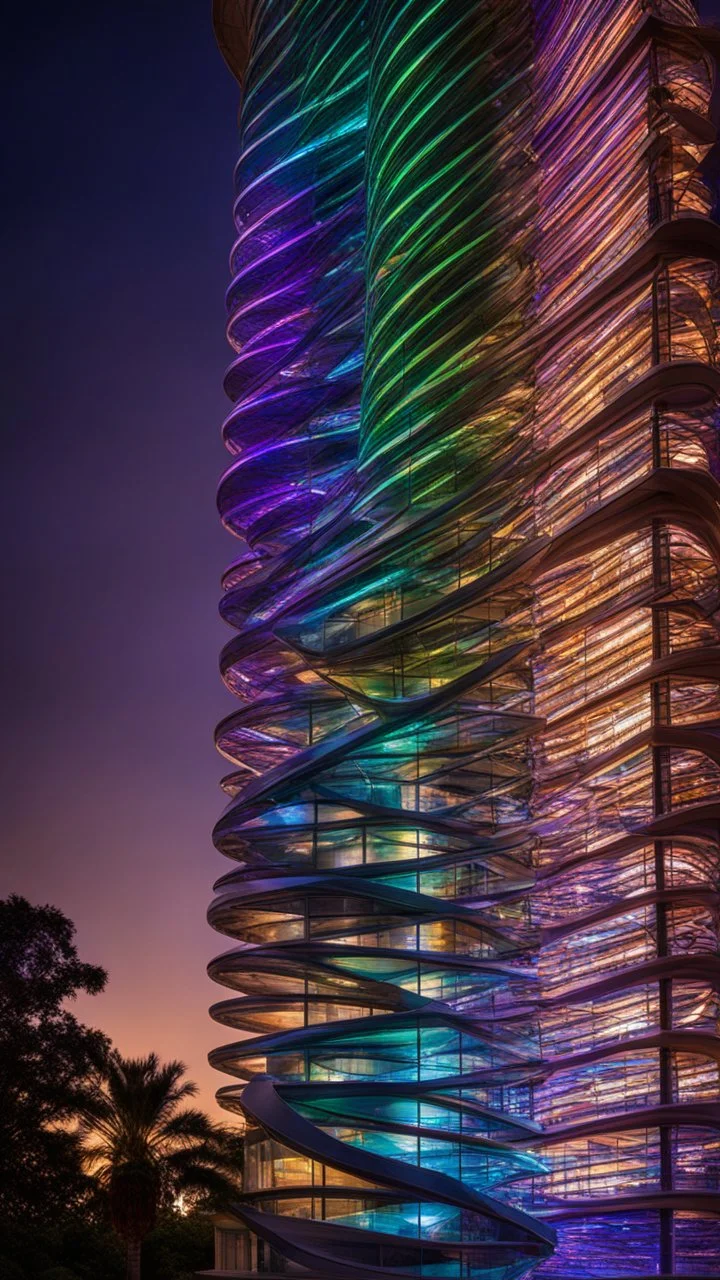 94614, delightful, sensitive, confident, iridescent double helix tower, delicate, nocturnal, architecture, award-winning photograph, beautiful composition, filled with beautiful detail, delicate colour, chiaroscuro