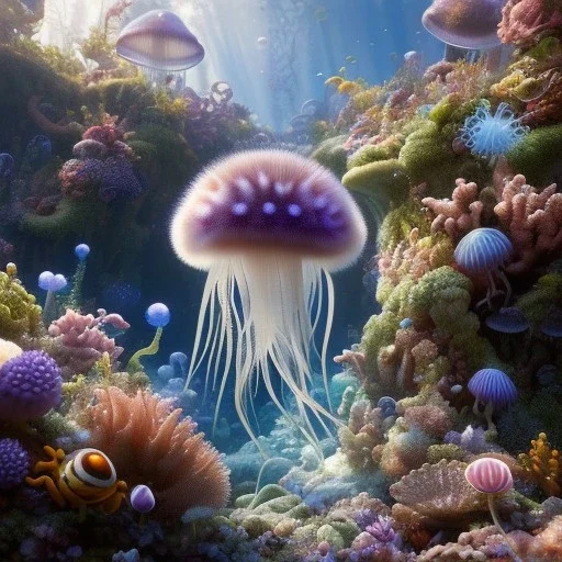 pixar style, volumetric summer garden environment and background, realistic painting of a jellyfish, looking excited, detailed digital painting, extreme dense and fine fur, anime, ornate, colour-washed colors, elegant, small minutiae, tiny features, particulars, centered, smooth, sharp focus, renderman gofur render, 8k, uhd, detailed eyes, realistic shaded volumetric lighting, sunlight caustics, backlight, centered camera view