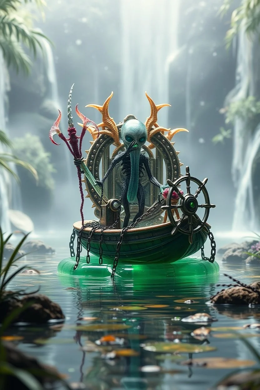 action figure of a glossed an transparent chained and crucified alien necrophyte electric eel necromancer on round swamp transparent glass obcidian boat beholder eye wheel throne in a charged foggy jungle starry waterfall, blur background to make character pop out