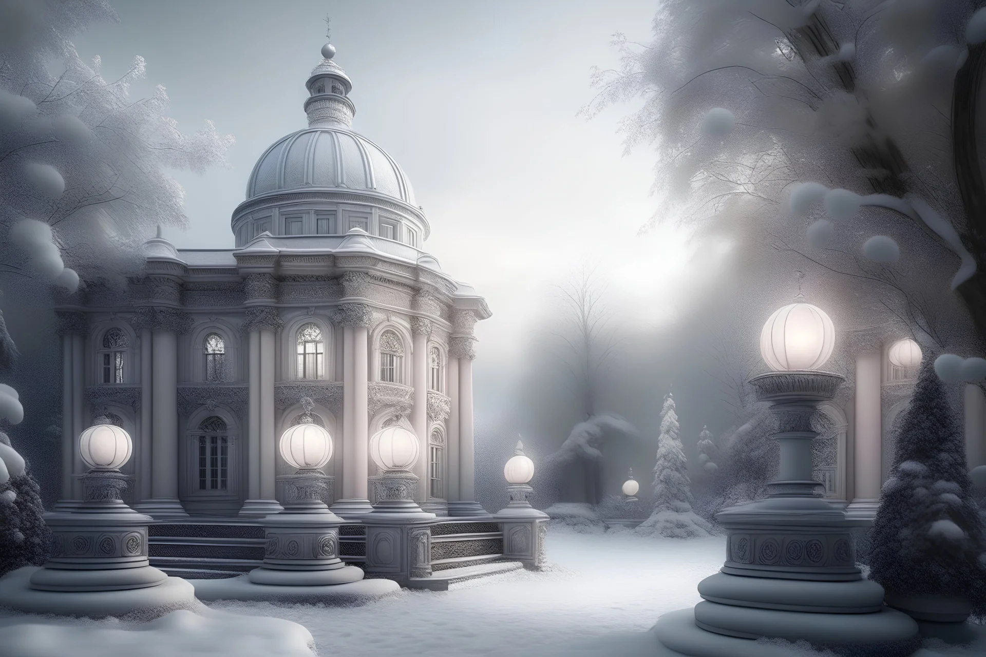 Beautiful landscape in pastel colors, lanterns, mansion, frosty columns, icy fountain, mystical glow, filigree, snow-covered trees,I am snow, mystical haze, black sky, white velvet clouds descend on the city, realistic, beautiful style, professional photography,about high resolution, cgi,f/19.1/200s, in light silver tones, sophistication, highly detailed, digital painting, moon, wonderful, microdetalization. colorful