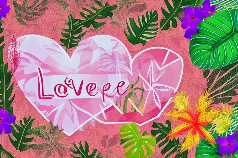 love, high contrast, Tropical flowers,heart drawing, crystals, tropical leaves, sacred altar, Fantasy temple,