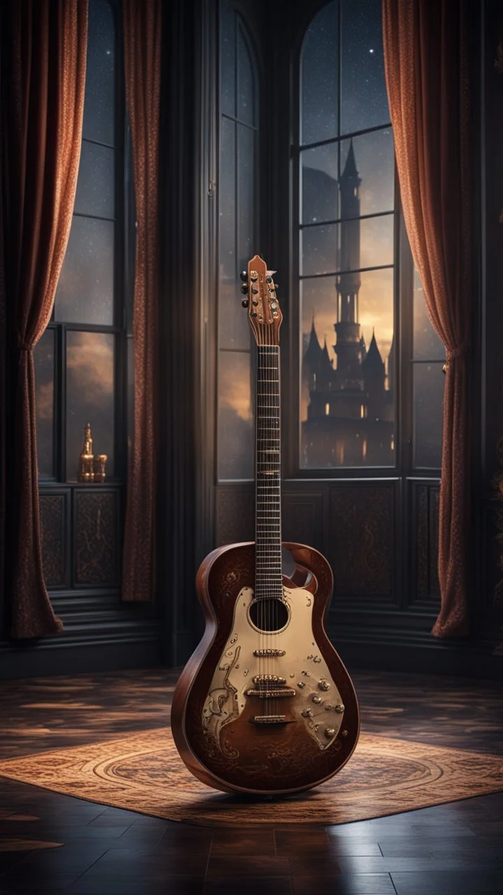 Hyper Realistic extremely-fancy-guitar standing on a floor of a fancy castle lounge with beautiful windows & velvet-curtains-with-musical-notes-printed-on-curtain at dark night with dramatic-&-cinematic-ambiance