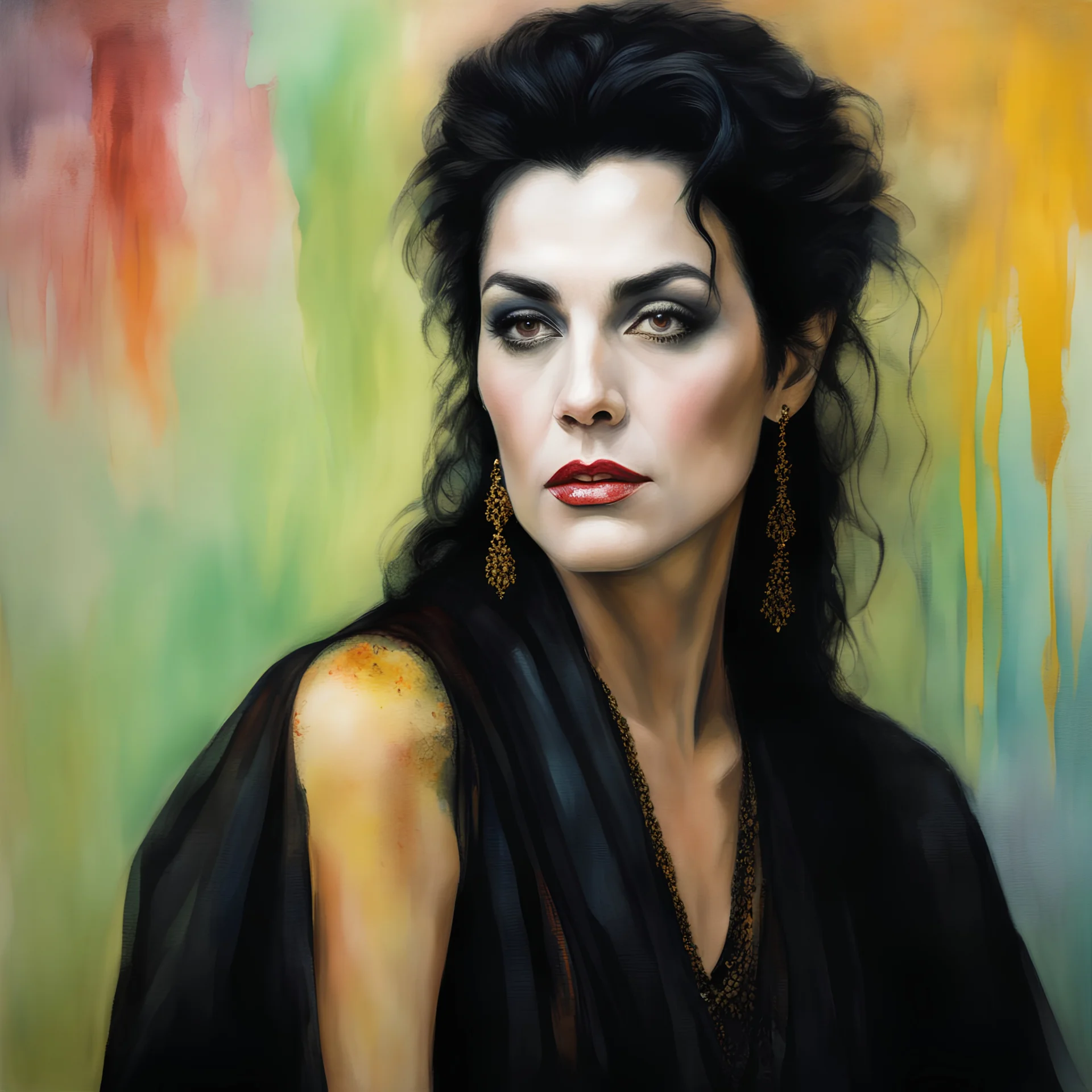 head to waist portrait, Paul Stanley/Ray Stevenson/Elvis Presley/Thomas Jane/Dolph Lundgren/Jon Bernthal/Jeffery Dean Morgan as a beautiful black-haired female vampire Queen, dark, multicolored watercolor stained wall in the background, oil painting in the art style of Gilbert Stuart, 32k UHD, Hyper realistic, photorealistic, realistic, sharp, highly detailed, professional quality, beautiful, awesome, majestic, superb, trending on artstation