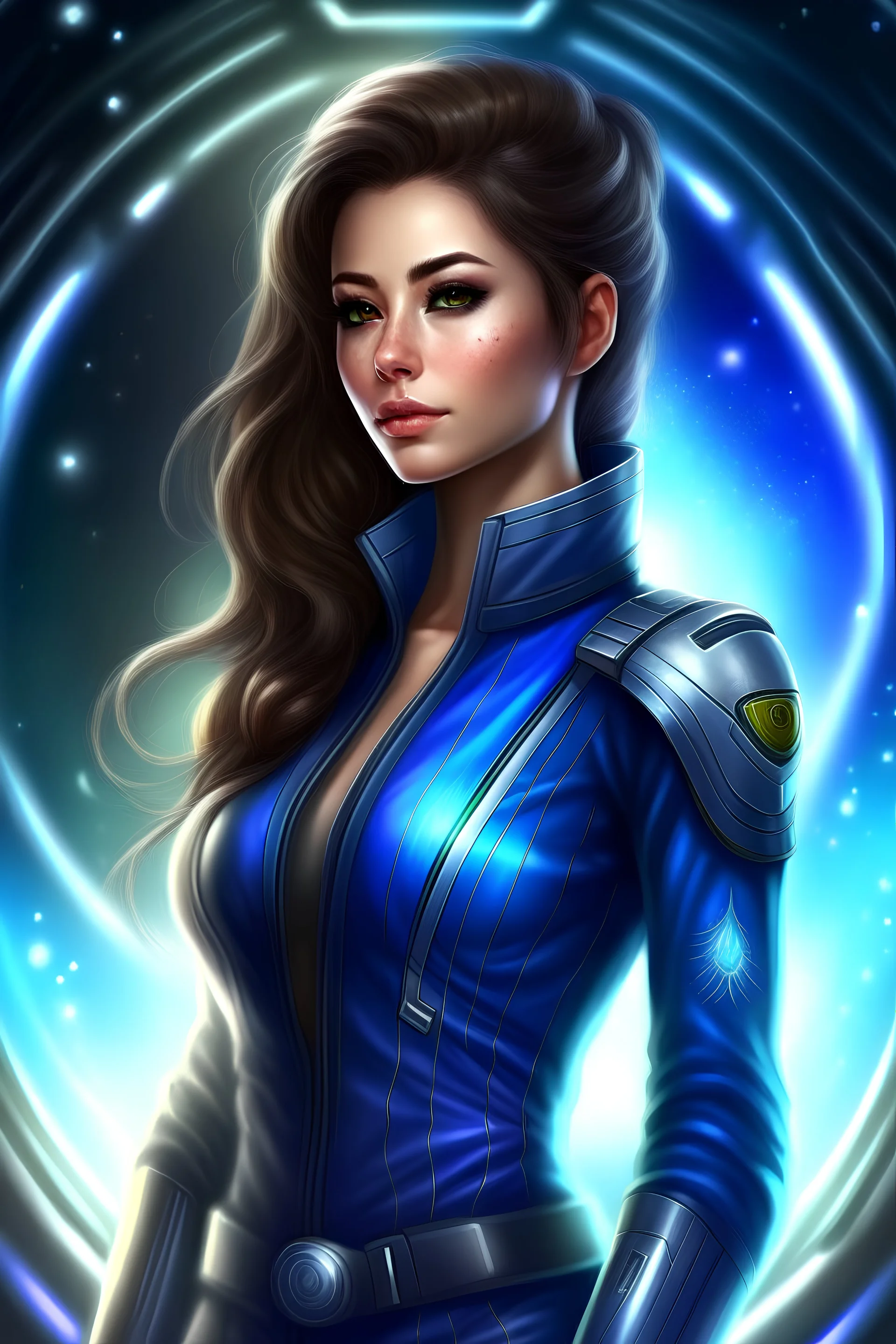 beautifull woman starship commander, jumpsuit bright, galaxy