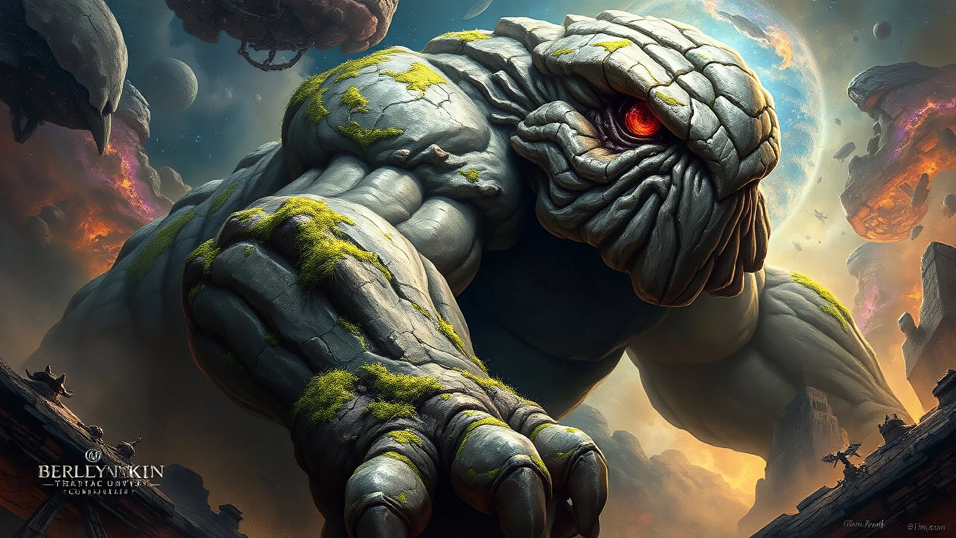 In a universe teeming with fantastical creatures, a towering cyclopean giant emerges, its hulking form rippling with ancient muscles. This mesmerizing painting captures the behemoth in intricate detail, showcasing its moss-covered, stone-like skin and piercing ruby eye. The vibrant colors and dynamic composition bring the creature to life, immersing viewers in a world of wonder and awe.