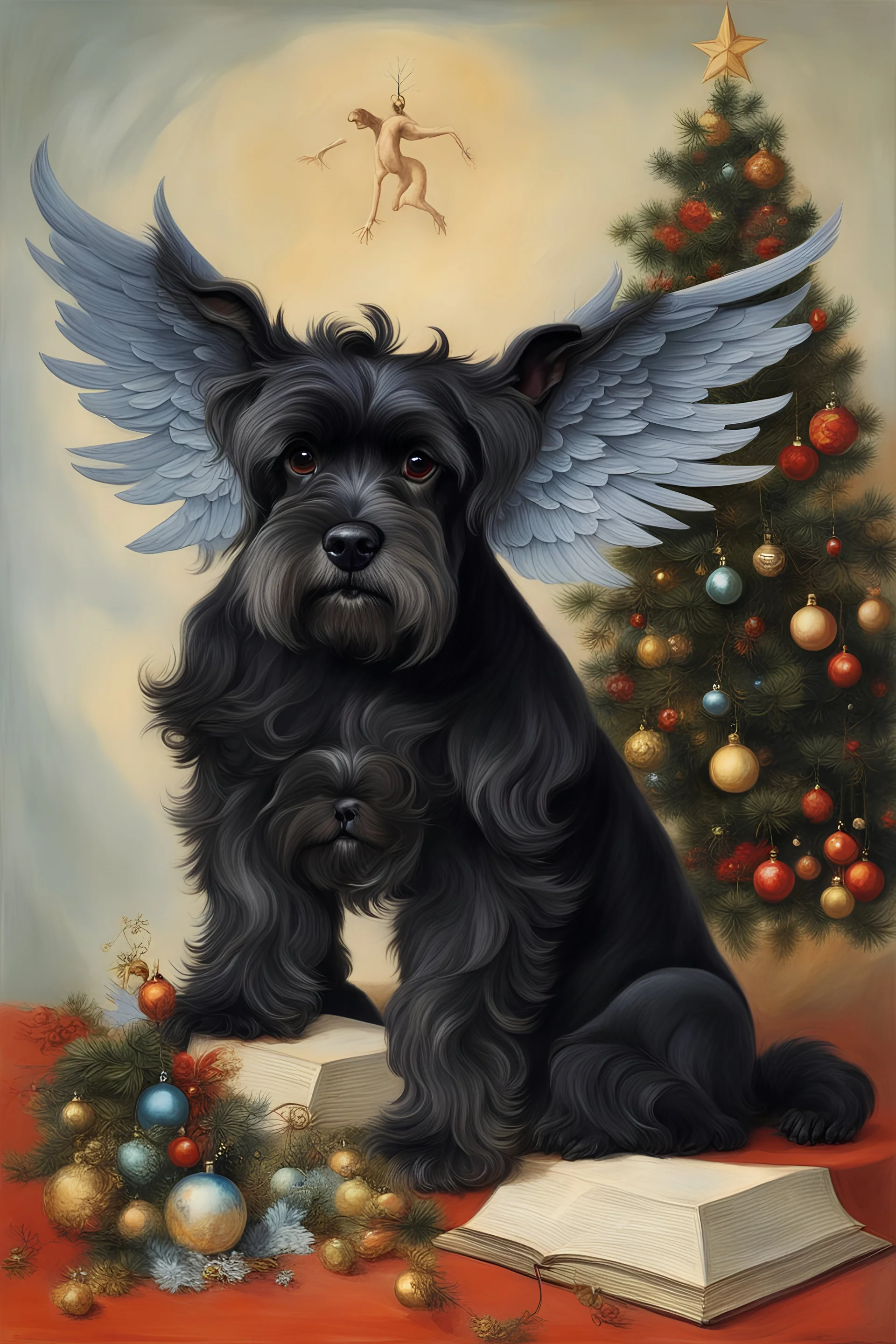 make a picture of two black schnauzers with angel wings and one without. All of the dogs are black. Behind them it is a Christmas tree by Salvador dali