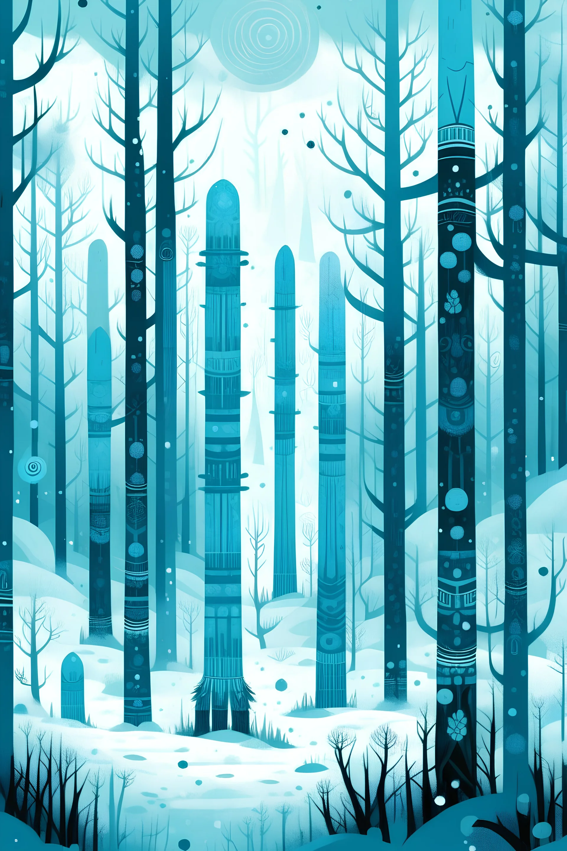 A cyan winter forest with falling snowflakes with pacific Northwest totem poles