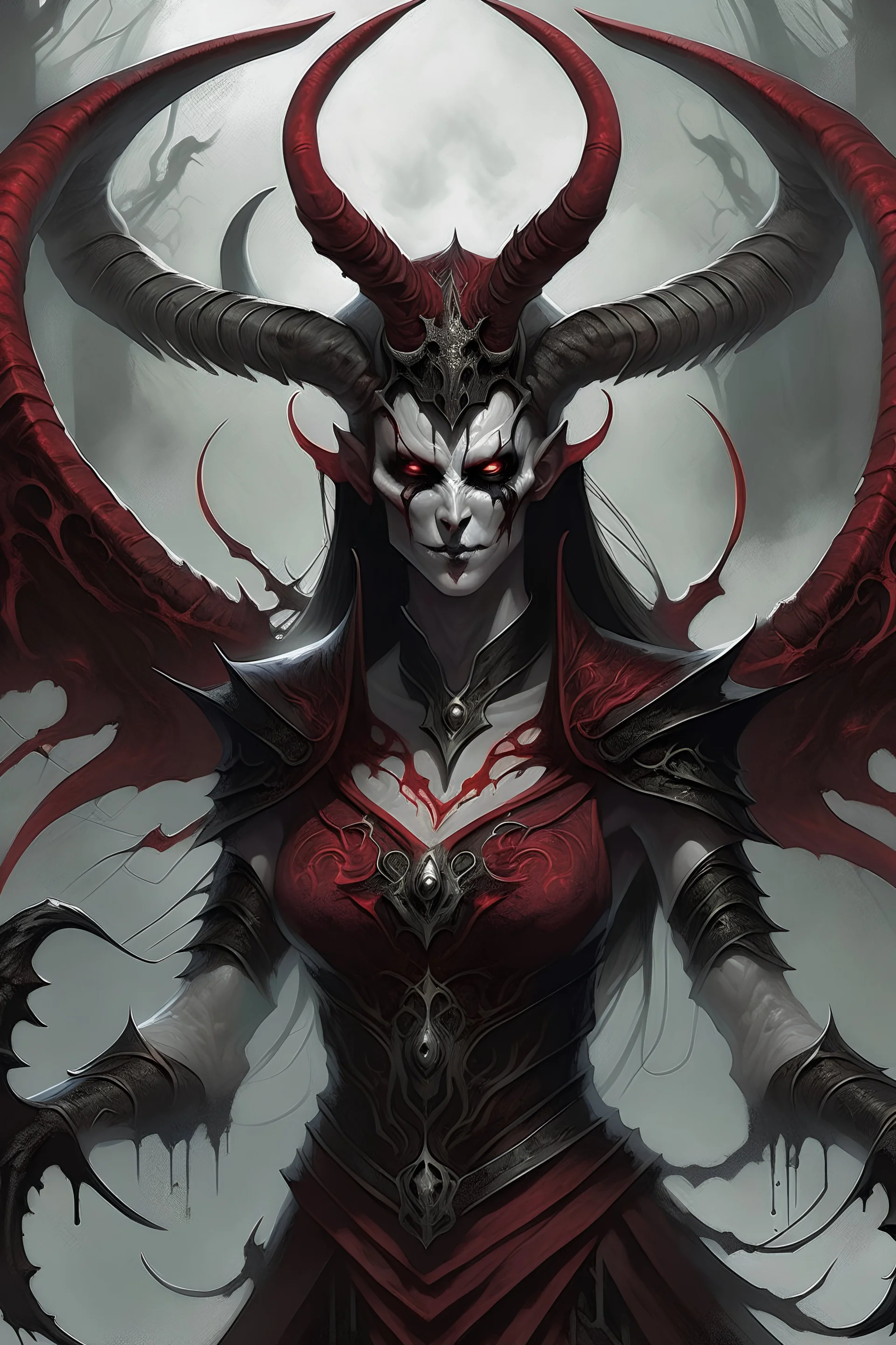 A hellish, female form, with four eyes upon her face. Four twisted horns grow from her head. Upon her back are two large wings. Inset upon their bends are demonic eyes. She stands 20ft tall, and half a body taller than her cultists. Her crimson skin slightly shows blackened bones beneath its surface. She floats ominously, without much effort from her large bat like, blood soaked, wings, in her ritual summoning chamber.