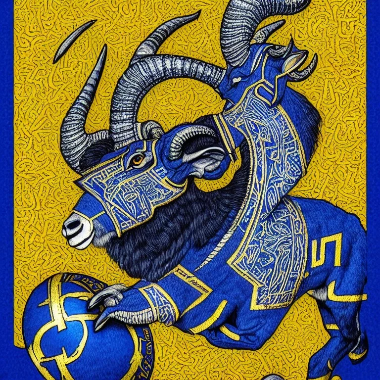 Book of Kells carpet page in blue and yellow colors, picture of a bighorn ram in armor and holding a football, a highly detailed illustration, realistic render, 8 k, micro detail, intricate, elegant, centered, digital painting, Artstation, smooth, sharp focus, illustration, artgerm