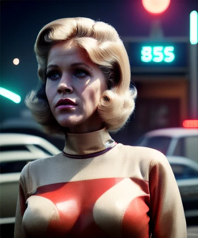 Ultra Realistic retro sci-fi movie Supermarket parking people scene, 1960 year, waist up view portrait, 2 clones blonde women, sweet teenager Jane Fonda face, perfect iris, glow eyes, face makeup, tight latex coat. many people looking, Retro sci-fi style, soft color, highly detailed, unreal engine 5, ray tracing, RTX, lumen lighting, ultra detail, volumetric lighting, 3d, finely drawn, high definition, high resolution.