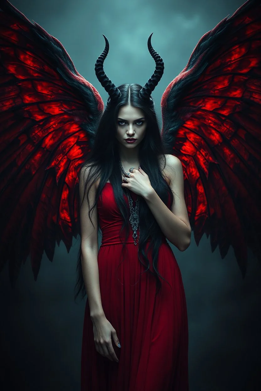 Daughter of Lilith, beautiful, wild woman, stunningly terrifying and powerful personality, black angel with wings in a red dress, long, dark hair with suggestive dark eyes, wonderful, ancient woman, a demonic woman who controls with her strength, power, sharp focus, high detailed, high realistic, master photo, pale lights, deep night, eerie atmosphere, gothic, dark mystic atmosphere, stunning, masterpeace, cinematic