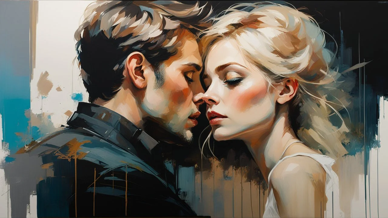 Blonde Pale Very Thin Scandinavian Woman 30yo, Big Eyes, Long Eyelashes And Eye Shadow, on steve Roger's lap kissing :: by Robert McGinnis + Jeremy Mann + Carne Griffiths + Leonid Afremov, black canvas, clear outlining, detailed