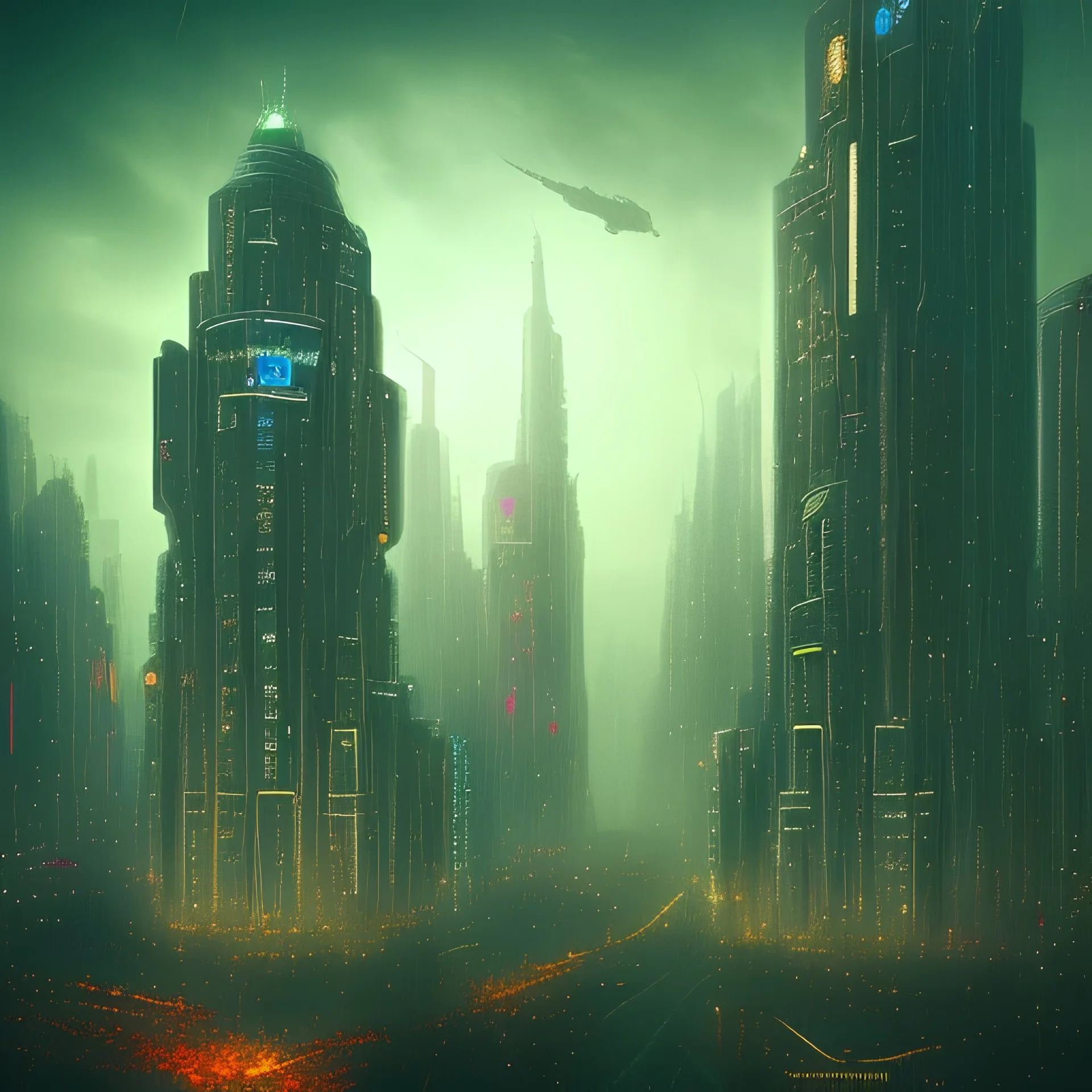 <Edge runner> Skycreapers, Urban city, Skyline, High resolution, rainy day, Cyberpunk, ilustration, night