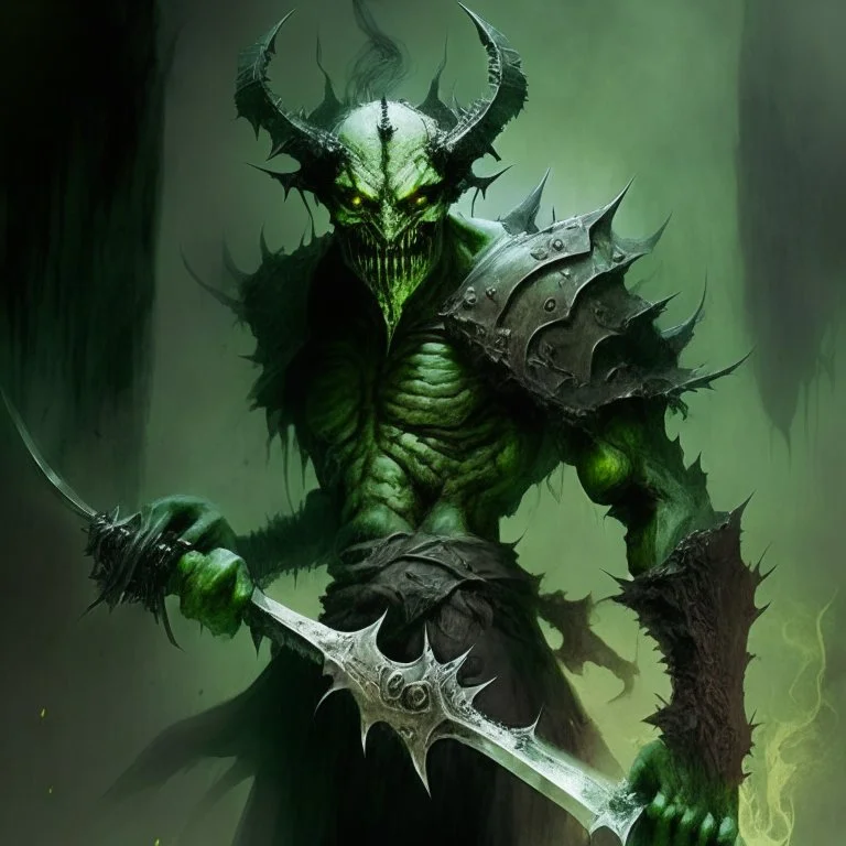 demonio verde grisaseo sin rostro y una espada en llamas mirando fijamente a la camara