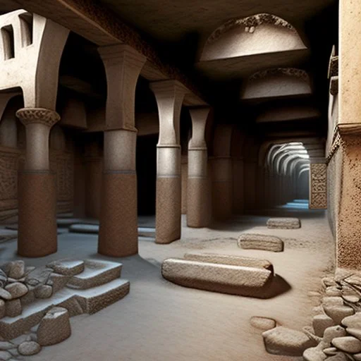 in an dark dirty underground civilization with many buildings pueblo, greek, and islamic architecture