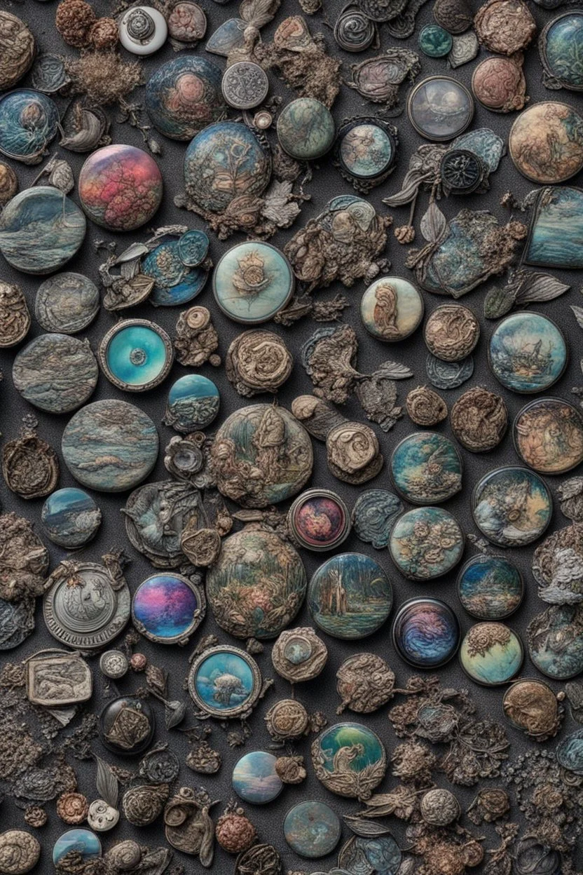 Badges, buttons, ideas, and feelings drop off by themselves. An individual can cherish them but they mean nothing; Neo-surrealism; Transcendent; Incredibly Detailed; Iridescent