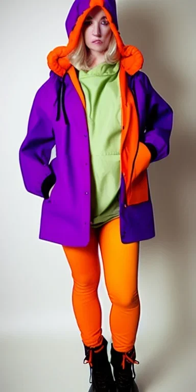 Bright-color-haired woman.fit,slim but thick thighs,thick calves,flat belly,bent fell, thin. Mantle is sewed of upcycled Denim and sewed together of camouflage pieces. Pieces' color are orange, cream and purple. Cream latex gaiters.It is with big bright purple felt tippet and cream-colored-hood. mantle has a hood. Big AKG-style headphones (gold rings!) is merged with small felt cap with small visor. Style: Haute Couture in 1940's, N.Y.C fashion in 1990's, inspired by street art.