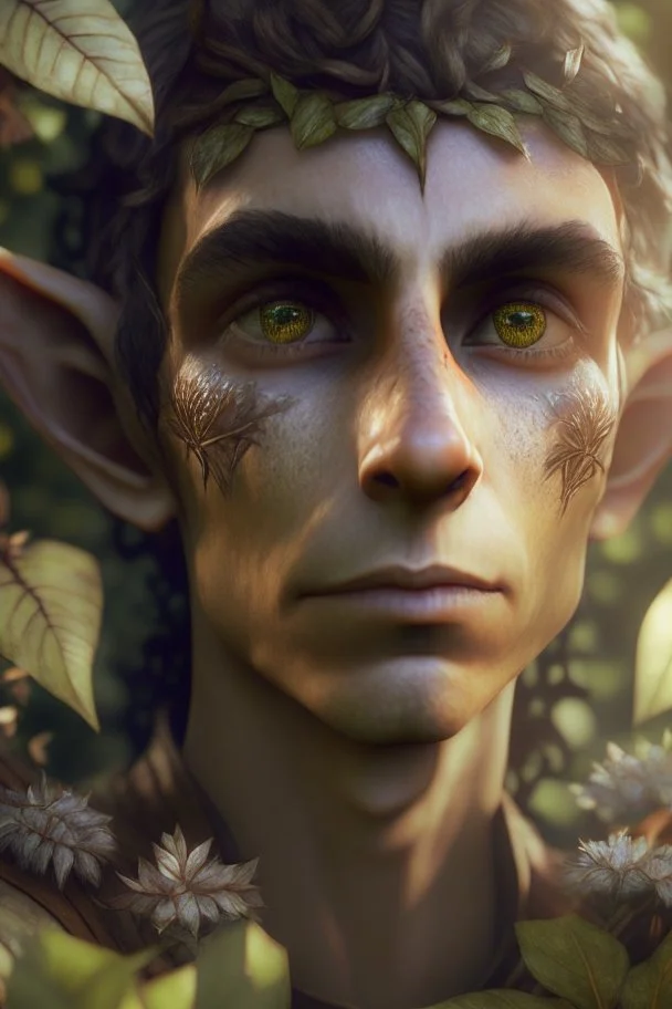 brown elf portrait in garden, hi detail, 4k, clear focus, depth of field, color correction, studio quality, backlight