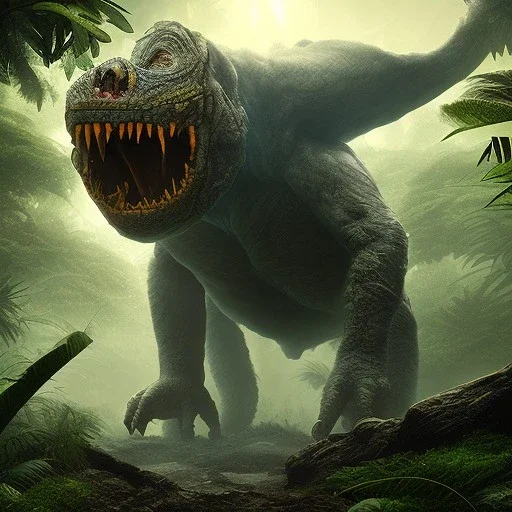 huge monster, stalking through the jungle, dramatic, dramatic lighting, volumetric lighting, hyperrealism, 8k, high quality, photorealistic, lot of details