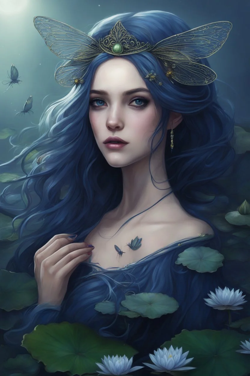 Dark blue hair, Water lilies long hair lotus night Fairy princess rapunzel hair queen crown dragonflies fireflies elven tiara flowers fairy wings gothic dark blue