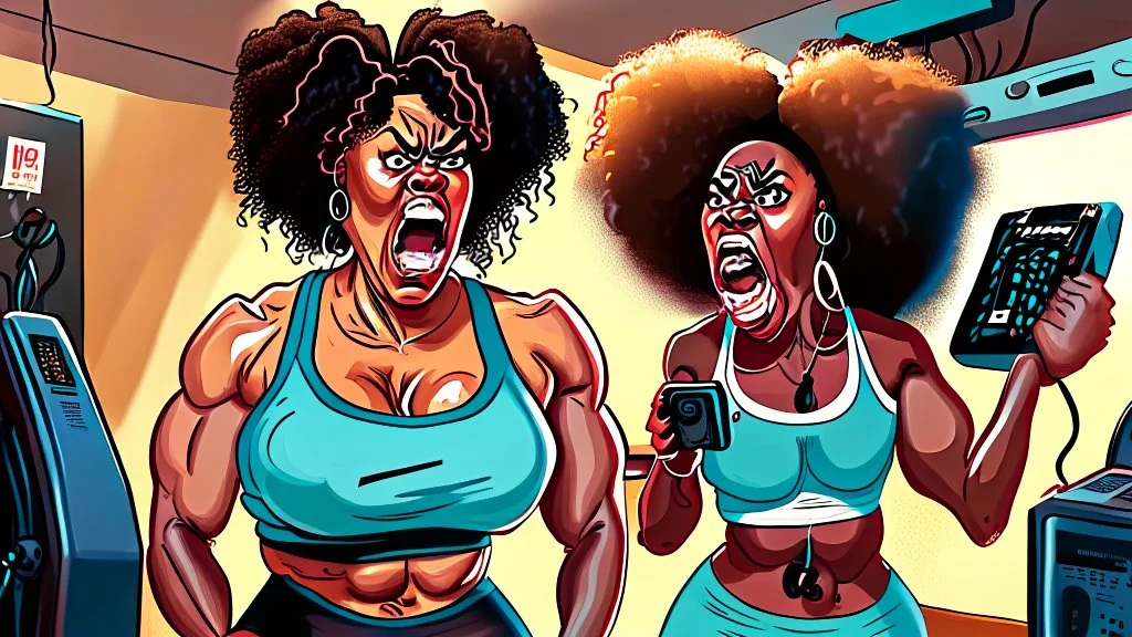 angry black lady screams while talking to Tyrone using workout machine on the phone