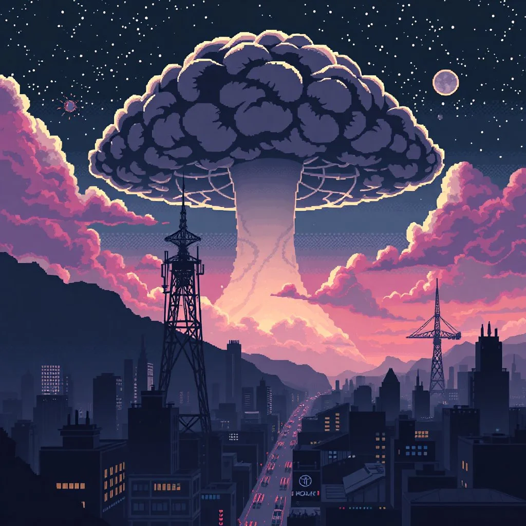 16 bit pixelart of a retro anime style, serius dark 1990s anime style, city, atomic mushroom cloud, synthwave