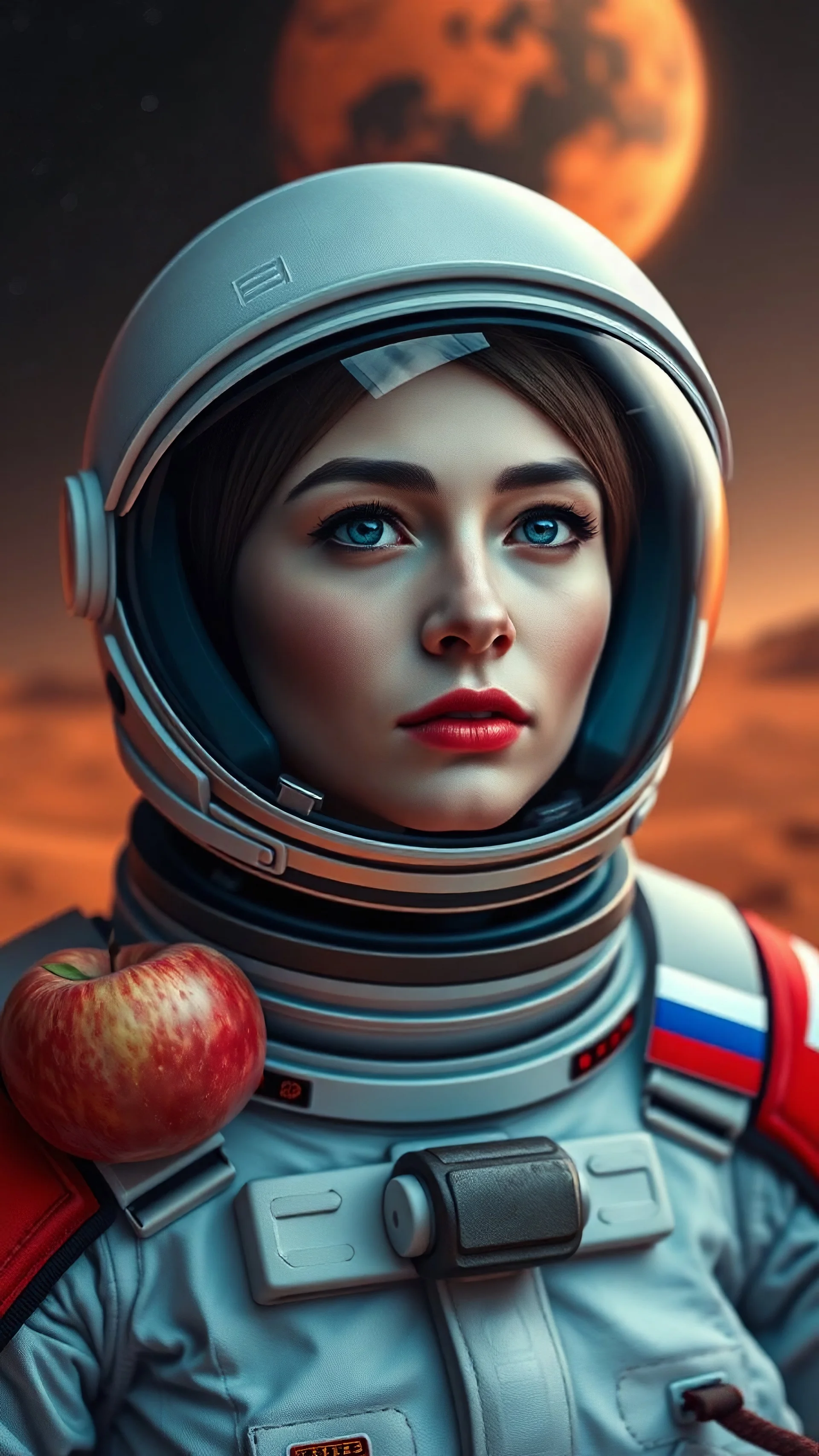 Russian female cosmonaut, Symbols of Russia, the flag of the Russian, The colonizers of Mars, the Russian flag on the spacesuit, Slavic beauty, apple trees on Mars