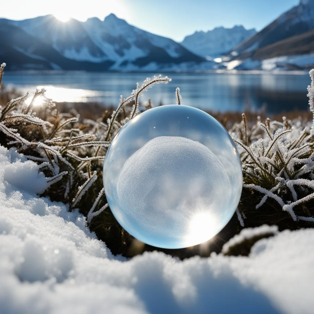 Frozen bubble in front of a snowy mountain landscape, the bubble has wonderful icecrystals and the sun is shining, frozen, cold outside, beautiful small ice flowers in front of the bubble