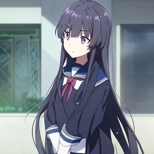 Clear focus, High resolution, long black fluffy hair, long locks, chopped bangs, purple eyes, wearing a sailor uniform, (solo), anime screencap