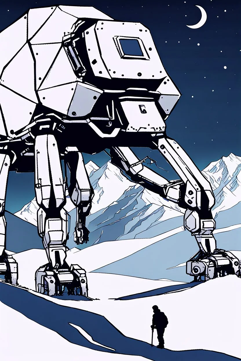 a minimalist silhouette of a sleek mechanical walker with eight legs scaling a very steep snow covered side of mout everest at night, it has a smooth surface, it has storage pods on its belly and humans can fit in the pods