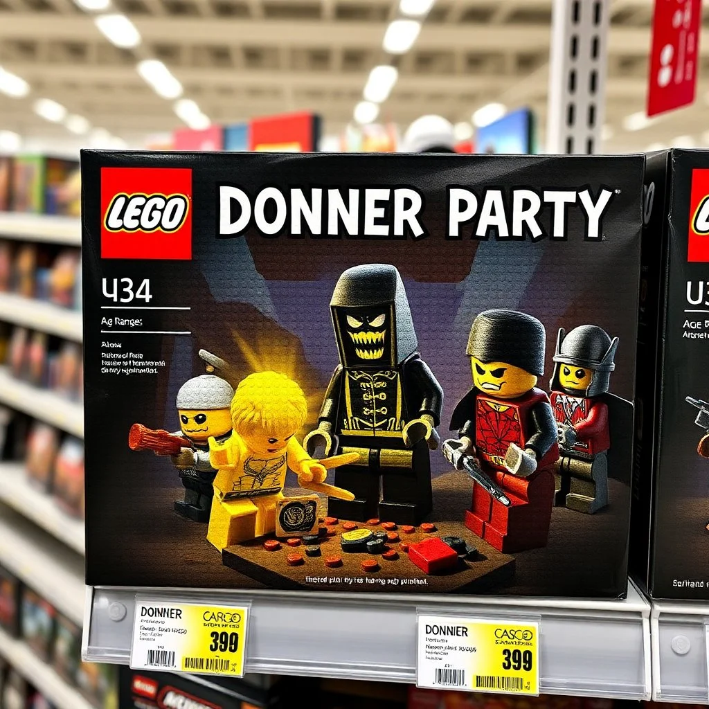 Lego box displayed for sale on a store shelf with the Lego brand Logo in the top left corner. Text: "DONNER PARTY" for the exact text title of the box across the top in a vibrant bold clear font. Add graphics for Age Range with random age ranges. Images on the box are extremely satirical darkly sinister creations importantly all made of individual legos with pronounced well-defined lego raised pip textures on all surfaces! Box images are extremely clever and sardonically inventive based on 1880
