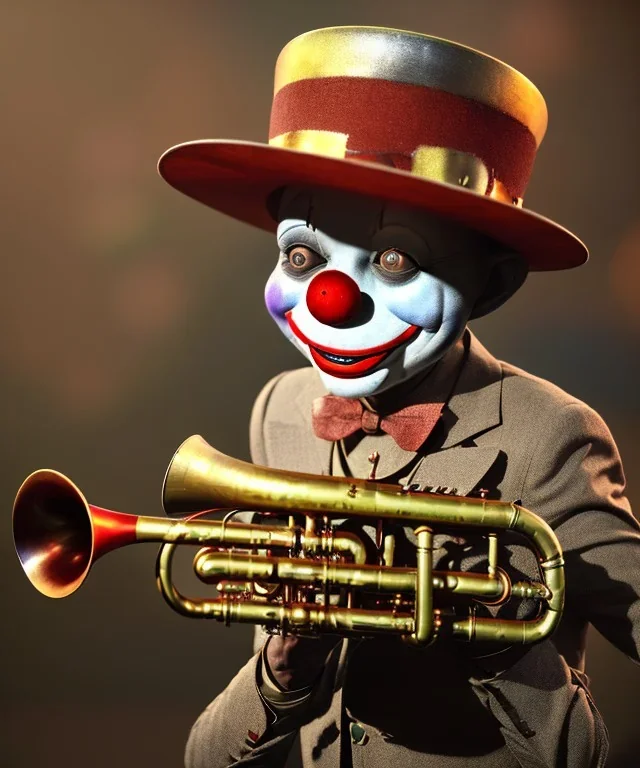 mechanoid smiling friendly clown playing jazz with a steampunk theme, trumpet, realistic