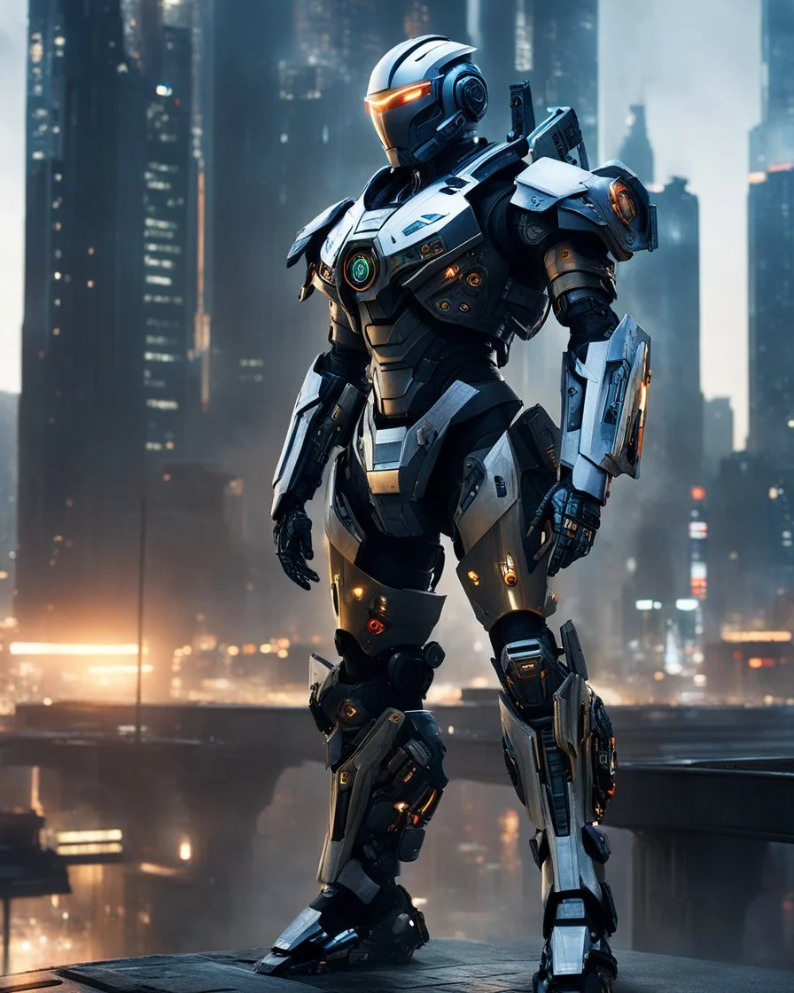 Create an image of a Cyberpunk Robot in a highly detailed and advanced armored suit, similar to the one shown but with even more intricate designs and cool features. The armor should have a sleek, futuristic look with glowing elements and enhanced gadgets visible on the suit. The setting is at dusk in an urban environment, with the character standing on a high-rise building overlooking a cityscape that reflects the advanced technology of the world they are protecting.